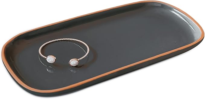 Mora Ceramic Decorative Tray - Rectangle 10in Dish for Jewelry, Soap Dispenser, Perfume, Makeup, Accessories, Candle, in The Bathroom Vanity, Bedside, or Kitchen Counter. Cute Organizers - Black