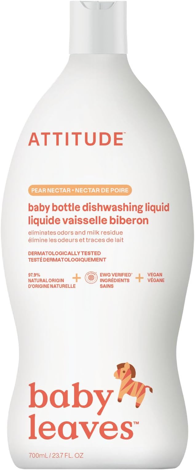 ATTITUDE Baby Dish Soap and Bottle Cleaner, EWG Verified Dishwashing Liquid, No Added Dyes or Fragrances, Tough on Milk Residue and Grease, Vegan, Pear Nectar, 23.7 Fl Oz