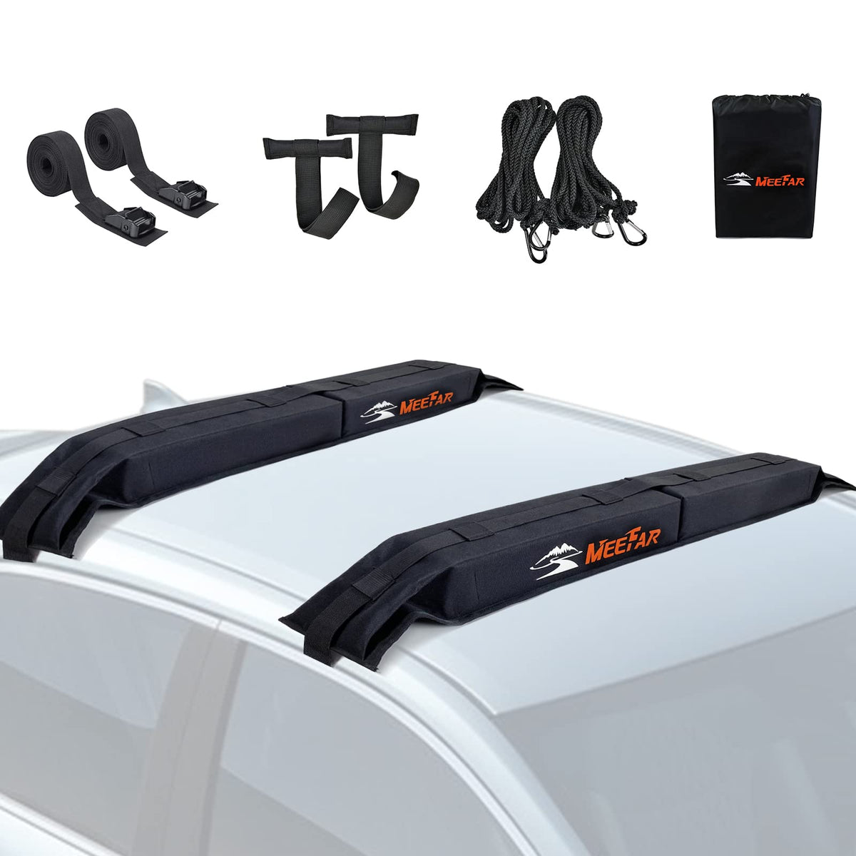 MeeFar Universal Car Soft Roof Rack Pads Luggage Carrier System for Kayak Surfboard SUP Canoe Include 2 Heavy Duty Tie Down Straps, 2 Tie Down Rope, 2 Quick Loop Strap and Storage Bag