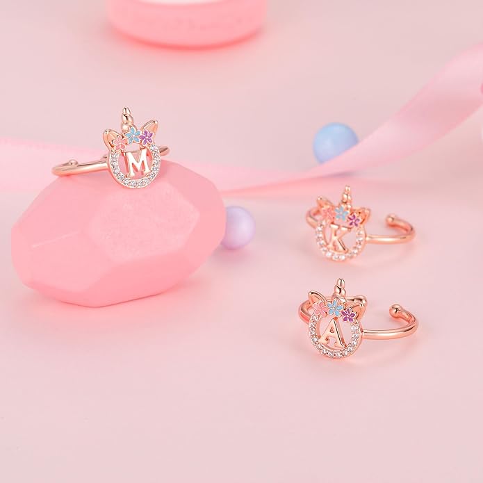 Unicorn Rings Gifts for Girls - Adjustable Initial Ring Dainty Cute Unicorn Rings for Girl Teens Little Girls Jewelry Birthday Gift