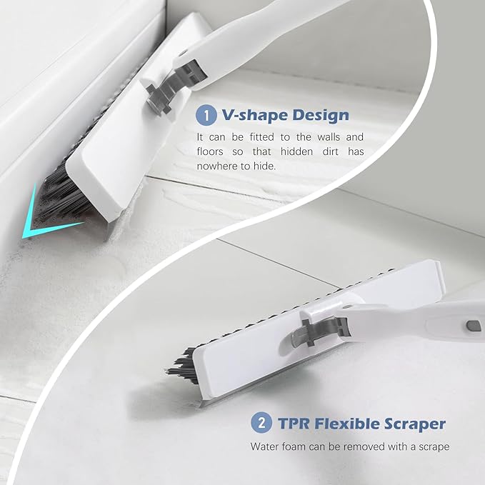 SetSail 4-in-1 Tile Tub Floor Scrubber with 52-inch Long Adjustable Handle Shower Cleaner Brush with V-Shaped Grout Brush and 3 Replacement Brush Heads for Bathroom Kitchen Sink Walls Tub Tile, White