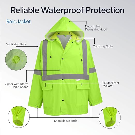 Global Glove FrogWear GLO-8000 Unisex High-Visibility Rain Suit, Lightweight Three-Piece Rain Gear with Waterproof Jacket, Bibs, and Detachable Hood – Neon Yellow, 3X-Large