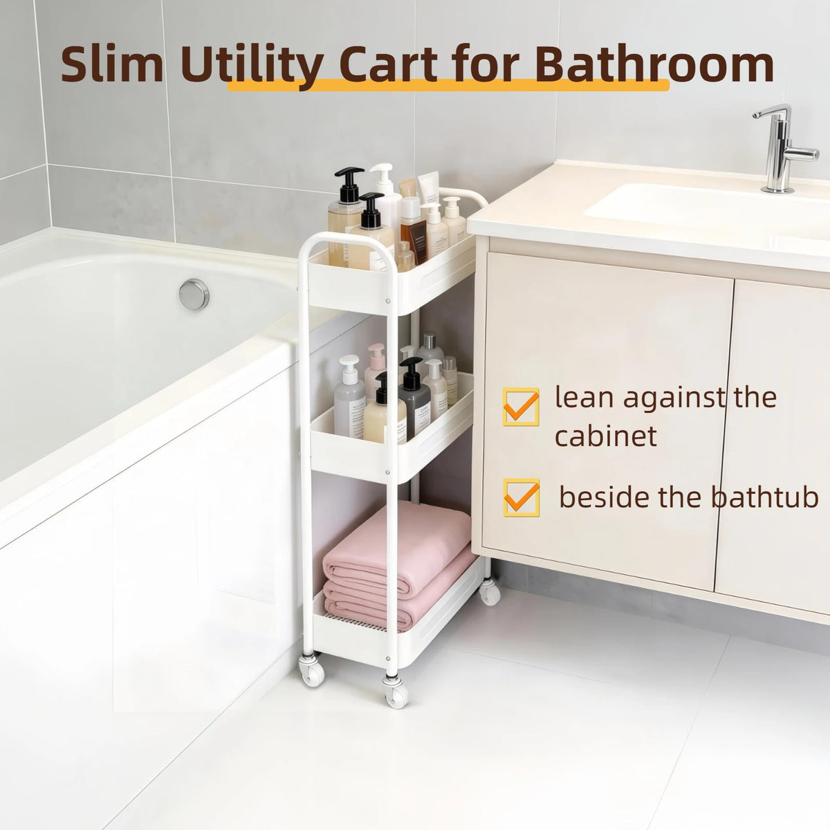 LIWNYRK 3 Tier Narrow Rolling Storage Cart for Laundry Room Bathroom Kitchen, 7.1'' Slim Utility Cart with Wheels and Lockable Casters Standing Shelf for Small Space & Between Washer and Dryer, White