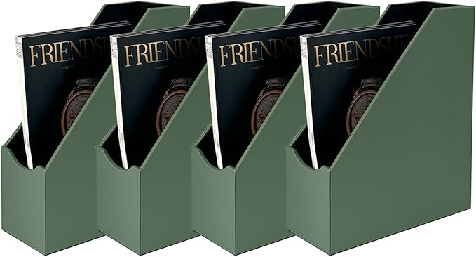 UnionBasic Magazine File Holder, Leatherette Desktop Document Organizer, Home Office Paper Holder File Storage Literature Sorter, Malachite Green, Set of 4