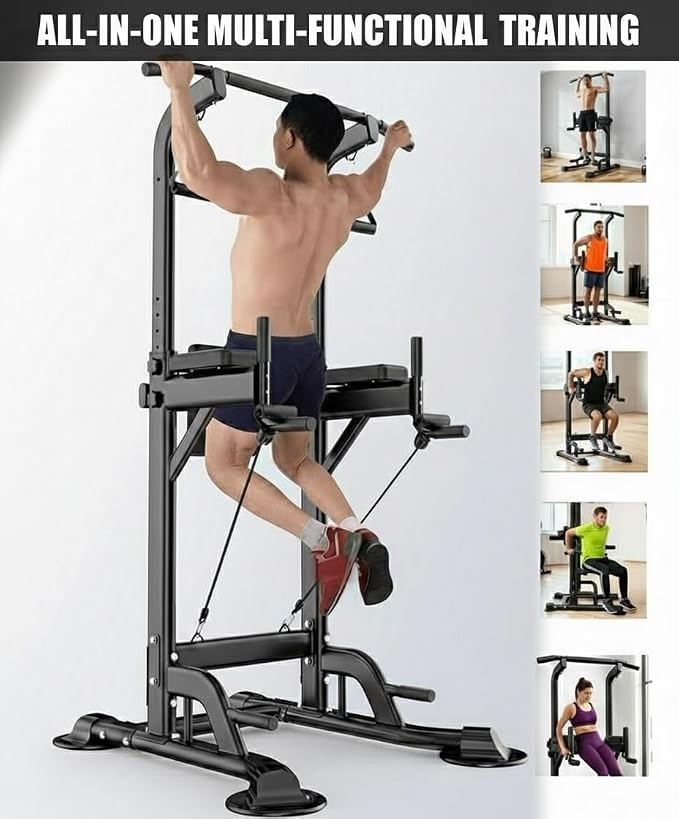 Freestanding Power Tower Dip Station, Adjustable Pull Up Bar for Home Gym with Backrest & Resistance Bands, 450 LBS Heavy Duty Multi-Function Calisthenics Workout Equipment for Adults & Teens