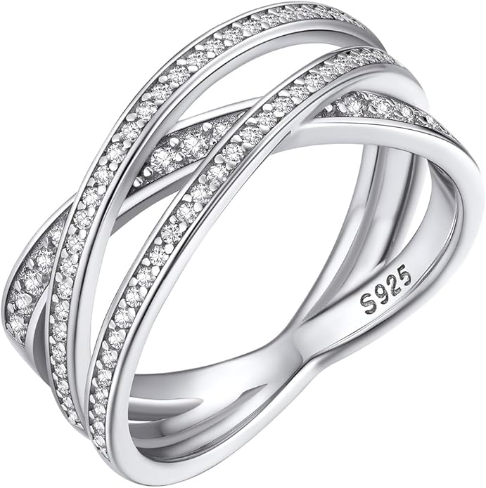Bestyle 925 Sterling Silver Simulated Diamond CZ Criss Cross Ring for Women, Infinity Love Statement Rings CZ Eternity Engagement Wedding Band Ring for Her
