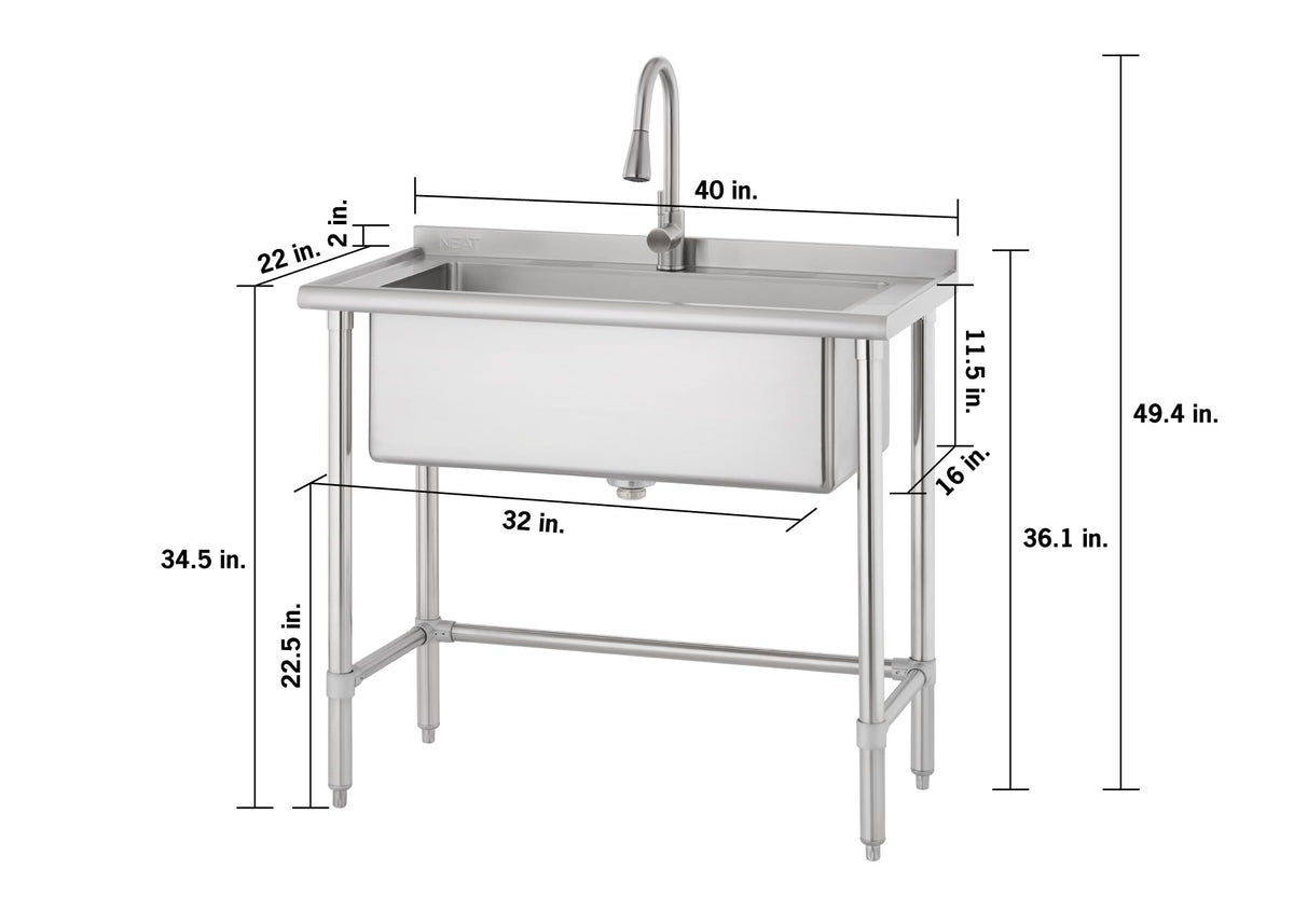 NEAT by TRINITY EcoStorage Stainless Steel Utility Sink, Oversized Freestanding Single Bowl Utility Sink, Pull-Out Faucet, Garage, Laundry Room, Business, NSF Certified, 40"W x 22"D x 50"H (NHA-0319)