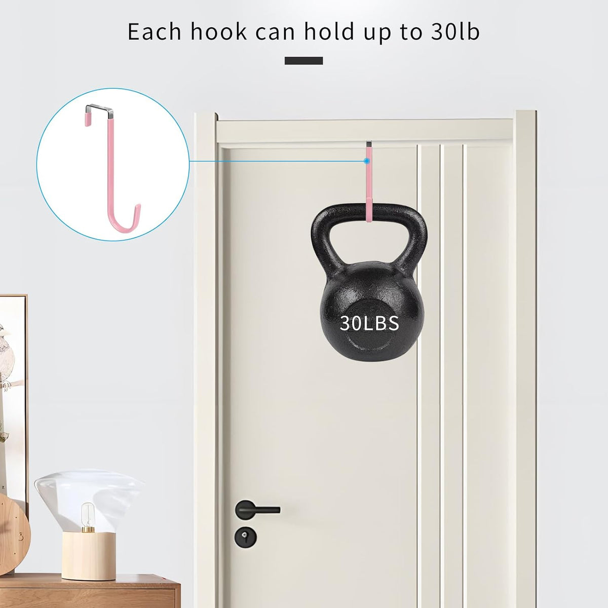 FYY Over The Door Hooks, 4 Pack Upgraded Long Door Hangers Hooks with Rubber Prevent Scratches Heavy Duty Organizer Hooks for Hanging Clothes, Towels, Hats, Coats, Bags Pink