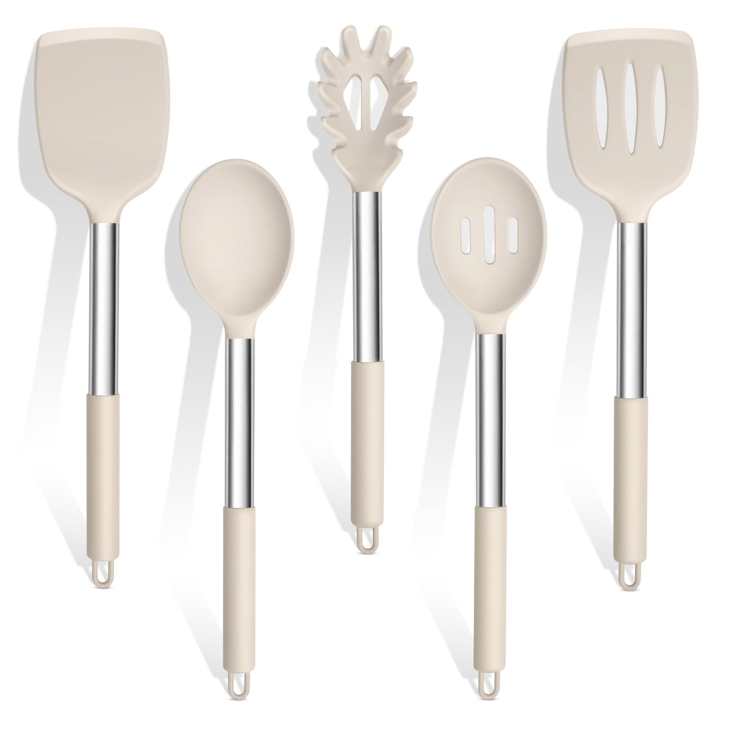 TeamFar Cooking Utensils Set, 5 PCS Silicone Kitchen Utensils with Stainless Steel Handle for Nonstick Cookware Turning Flipping Frying Draining, Heatproof & Healthy, Nonstick & Easy Clean, Khaki