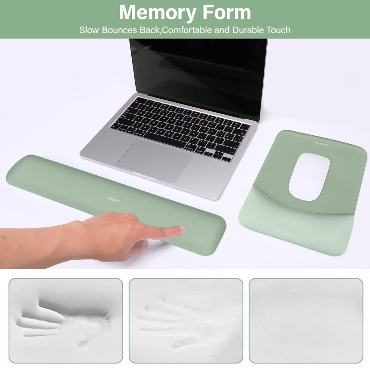 MOSISO Wrist Rest Support for Mouse Pad&Keyboard Set, Rectangular Ergonomic Mousepad Non-Slip Base Home/Office Pain Relief&Easy Typing Pad with Neoprene Cloth&Raised Curved Memory Foam, Green