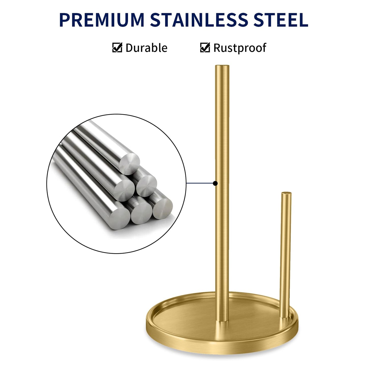 Jesginboo Paper Towel Holder Countertop, Gold Kitchen Paper Towels Holder, Paper Roll Holder with Weighted Base