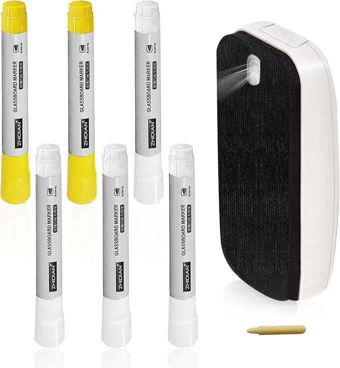 Dry Erase Markers for Black Glass Board, 2-in-1 Magnetic Chalkboard Spray Eraser & Washable Reversible Dual Tip Liquid Chalks - Bullet & Fine Point for Window Acrylic Refrigerator