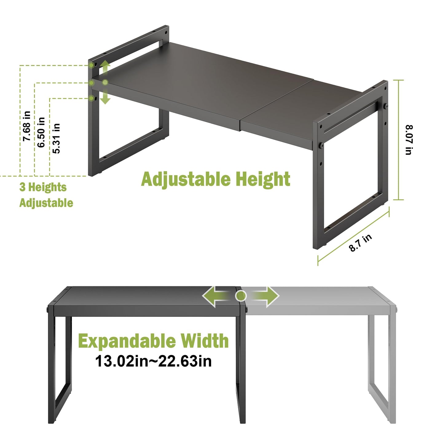 DOLALIKE Expandable kitchen Countertop Organizer, Stackable Cabinet Shelf Organizers, Space Saving Spice Rack Pantry Storage for Bathroom Office (Black, 1 Pack)