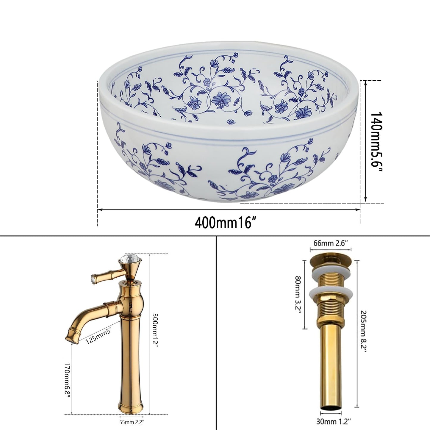 OUBONI 16 Inch Bathroom Vessel Sink, Blue and White Porcelain Ceramic Vessel Sink with Gold Faucet and Pop-up Drain Combo, Round Ceramic Bathroom Sink with Flower, Artistic Sink Bowl Above Counter