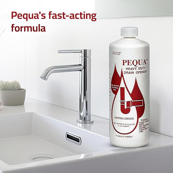 PEQUA INDUSTRIES Pequa Heavy Duty Drain Opener, Non-Acid, Fast-Acting Formula, Industrial strength Drain Cleaner for Sinks, Tubs, Septic Tanks - 32 Oz (Pack of 2)