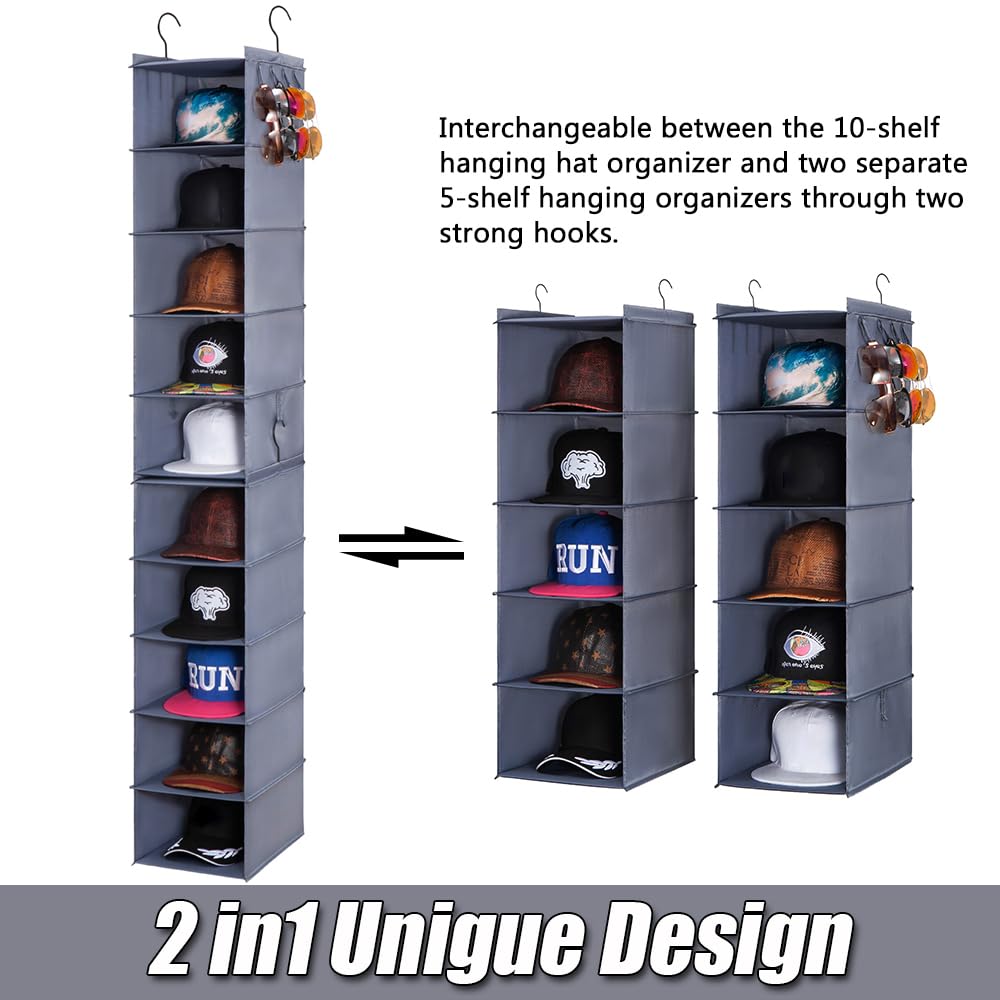 LADYBRO Baseball Cap Storage for Closet Hanging Hat Organizer Hat Rack 10-Shelf or 2 Pcs 5-Shelf, Trucker Dad Golf Cap Newsboy Container Display Hanger Holder Oxford Cloth Space Saver