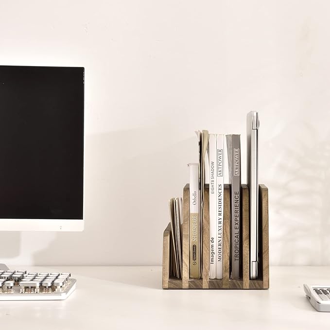 KIRIGEN Wooden Desk Mail Organizer 5 Slots File Paper Holder Desktop Wood Document Letter Holder Organizer for Home Office Dark Brown (5KWJJ-DBR)