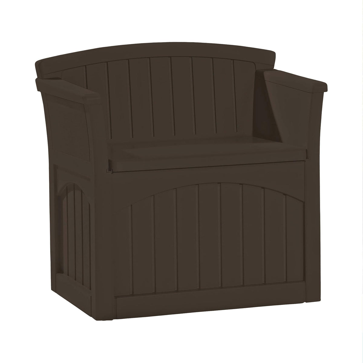 Suncast 31 Gallon Outdoor Backyard Garden Patio Seat Storage and Bench Chair with Arm Rest, Java
