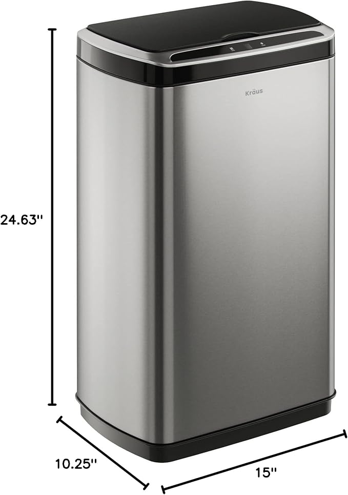 Kraus GarbagePro Rectangular 13 Gallon Hands-Free Motion Sensor Trash Can Battery Operated in Fingerprint Resistant Stainless Steel Finish with SoftShut Touchless Lid, KTCS-10SS