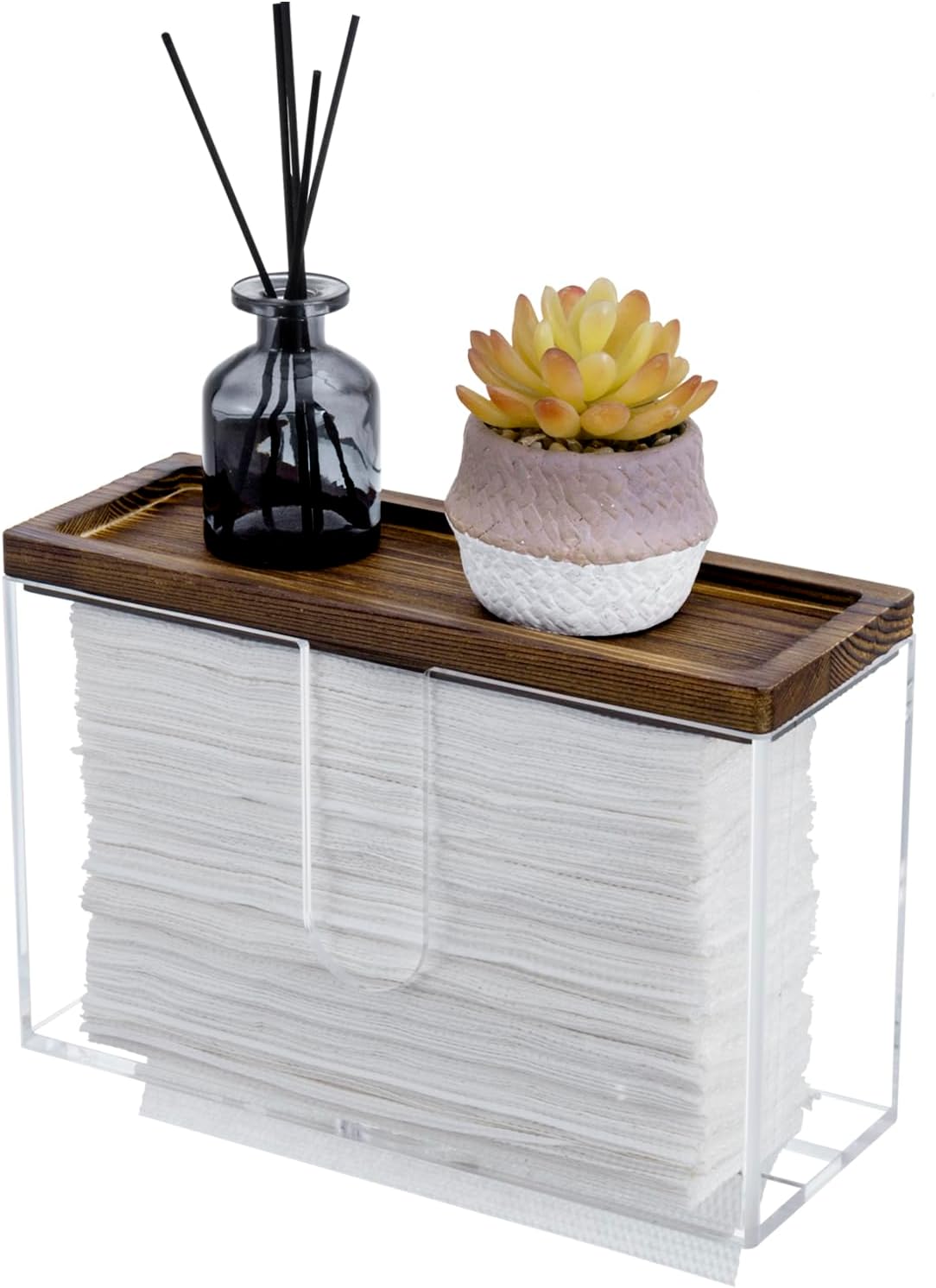 MyGift Deluxe Modern Metal Folded Commercial Paper Towel Holder with Rustic Burnt Solid Wood Tray Lid, Wall Mounted Trifold Multifold Z Fold Disposable Napkin Dispenser (Acrylic & Burnt Wood)