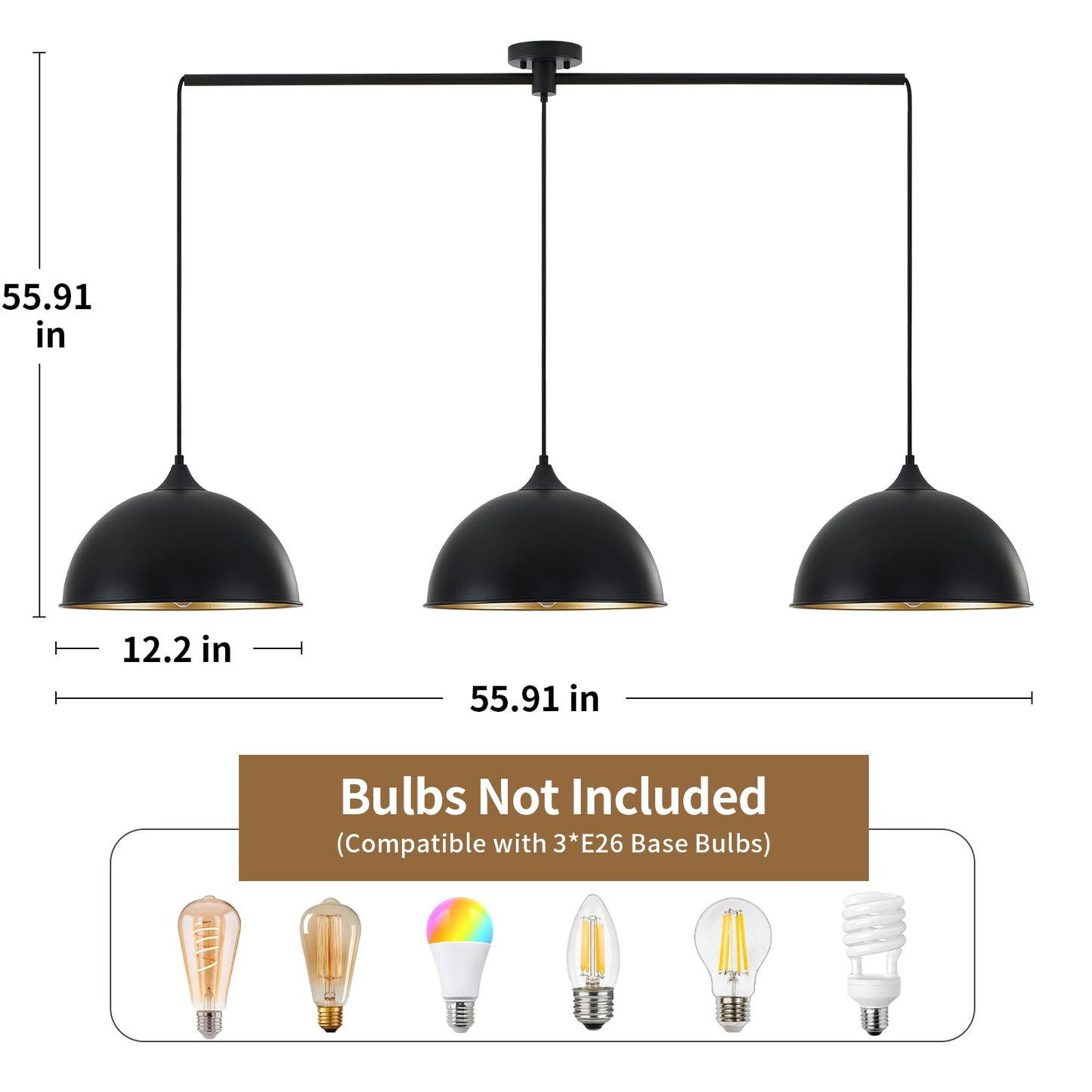 MIAYBPH Pendant Lights Kitchen Island, 3-Pack Dome Pendant Light Fixtures with Black and Gold Finish Farmhouse Industrial Hanging Pendant Light for Dining Room Restaurant Cafe Entryway