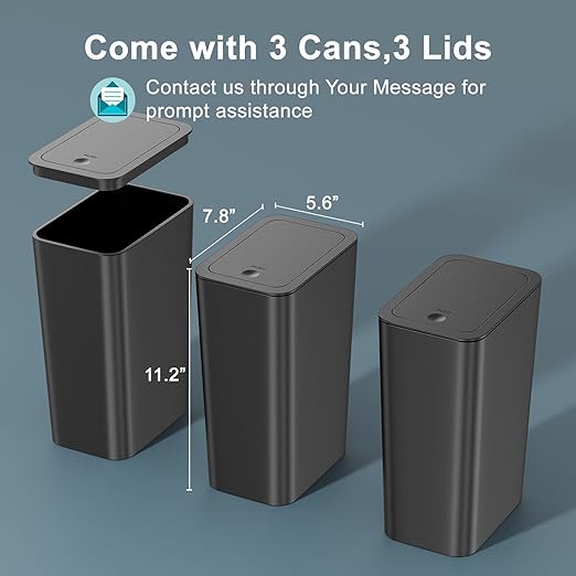 N. NETDOT 3 Pack Small Trash Can with lid, 1.8 Gallon Bathroom Trash Can,Garbage Can Slim Trash Bin Waste Basket for Bathroom,Kitchen,Bedroom,Living Room,Office,Laundry - Black