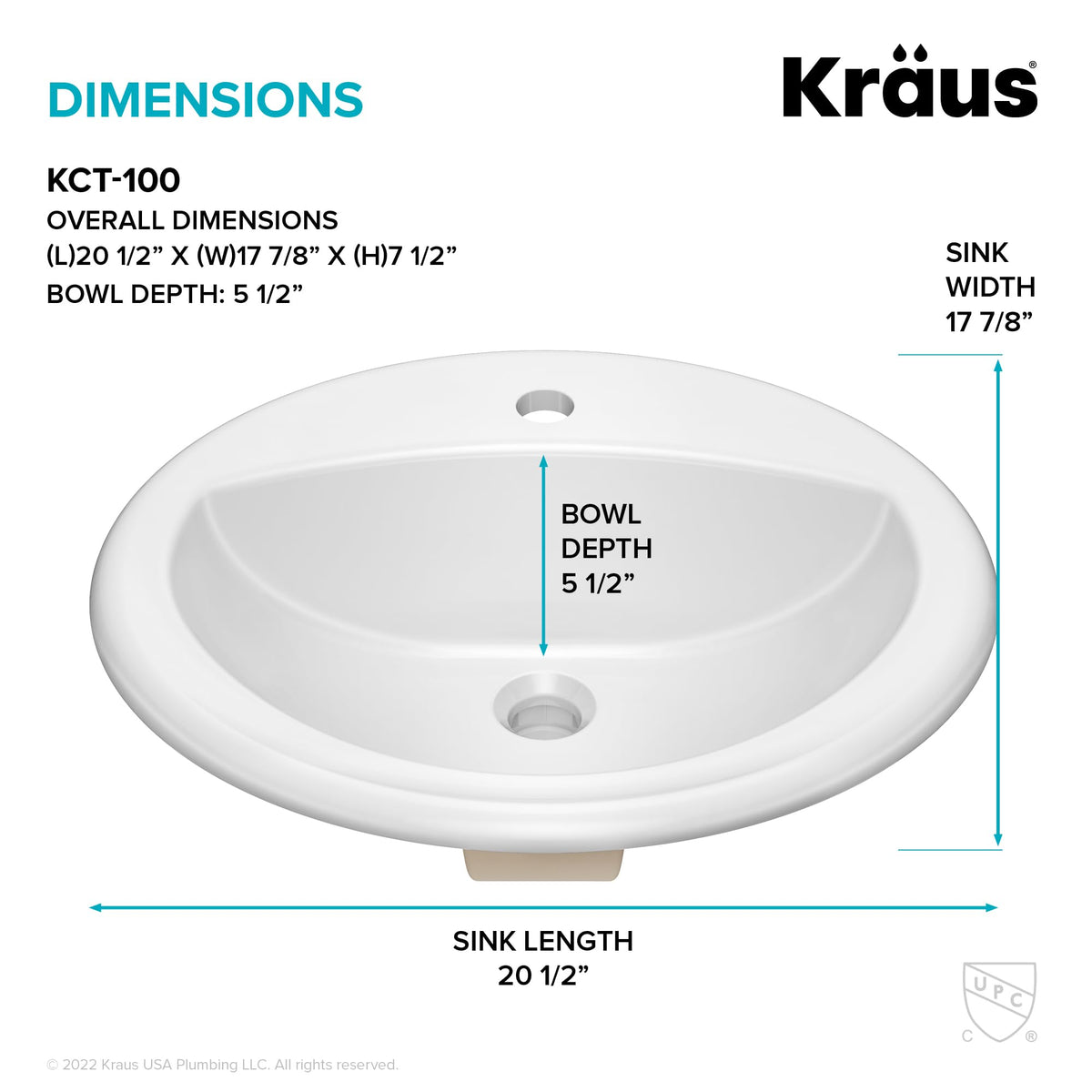 KRAUS Elavo 20.5 in. Oval Porcelain Ceramic Self-Rimming Drop In Bathroom Sink in White with Overflow Drain, KCT-100