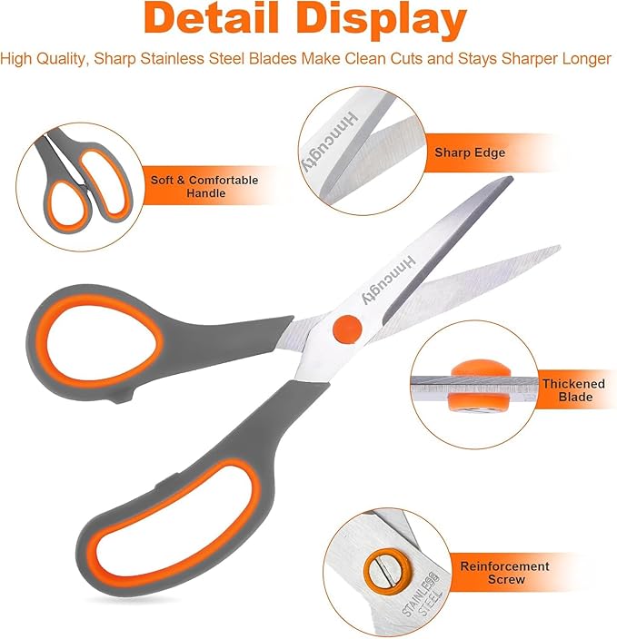 Scissors for Office School Supplies, Hnncugty 8" Scissors All Purpose Bulk Set of 6-Pack, Sharp Shears for Home Craft Sewing Fabric Middle School Student Teacher Supplies, Comfort Right/Left Handed