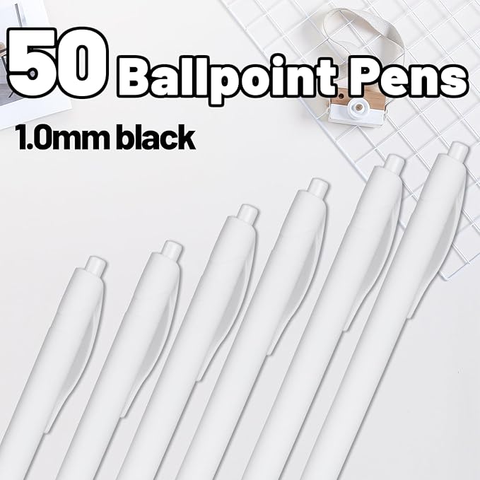 BallPoint Pens, 50 Pack (BLACK Ink),Bulk Pens, White Barrel,Click Pens for Office Home and School, Retractable Ballpoint Pens, Medium Point, 1.00MM (White)