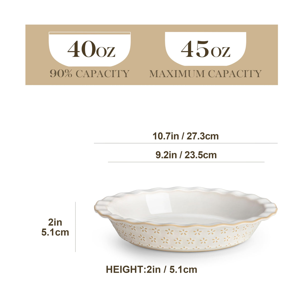 MALACASA Pie Pan, Stoneware Pie Dish for Baking, 45 OZ Deep Dish Pie Pans 9 Inch, Embossed Quiche Baking Dish for Oven, Fluted Dish Pie Plate for Apple Pie, Pot Pie and Quiche, Set of 1, Series LYDIA