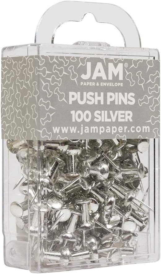 JAM PAPER Colorful Push Pins - Silver Pushpins - 100/Pack
