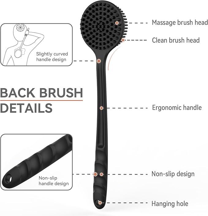 3 PCS Silicone Bath Brush Set,Back Scrubber & Body Brush & Face Brush Set, Super-Exfoliating & Lathering Body Scrubber, Shower Brush, Face Scrubber Combination for HomeBathroom Hotel Travel.(Black)
