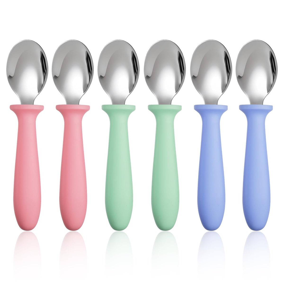 Pimoys 6 Pieces Toddler Spoons Baby Spoons for Self-Feeding, Stainless Steel Kids Spoons with Plastic Handle Metal Toddler Utensils Children's Silverware Set BPA Free, Dishwasher Safe