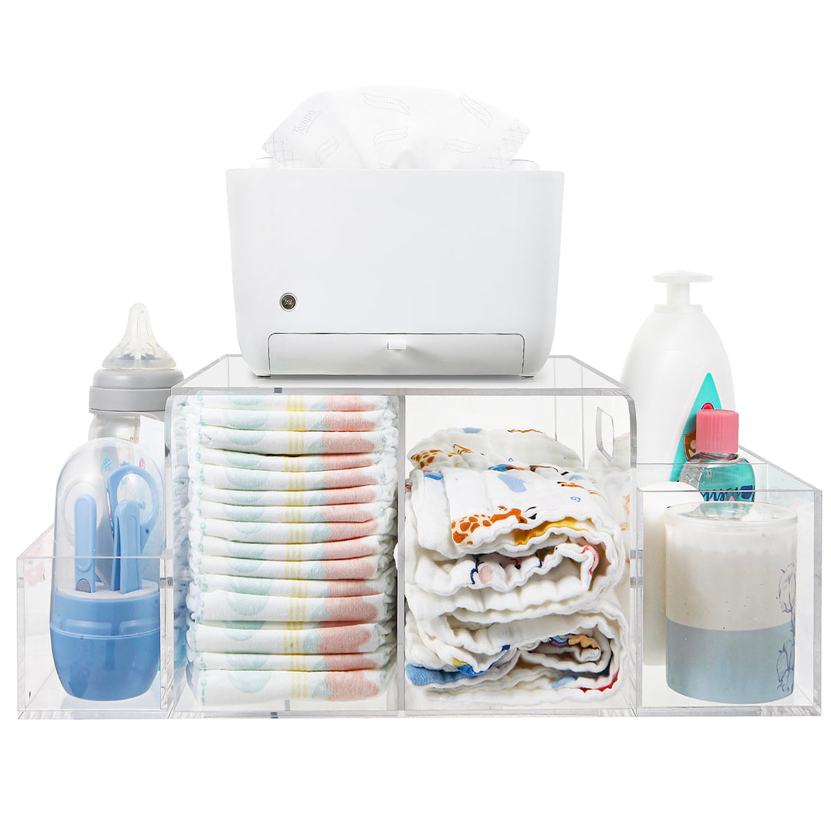 NANYEZH Acrylic Diaper Caddy, Baby Wipes Organizer for Changing Table, Dresser Top Tabletop Organizer with 4 Detachable Compartments, Anti-slip Rubber Feet, Newborn Baby Essentials, Clear