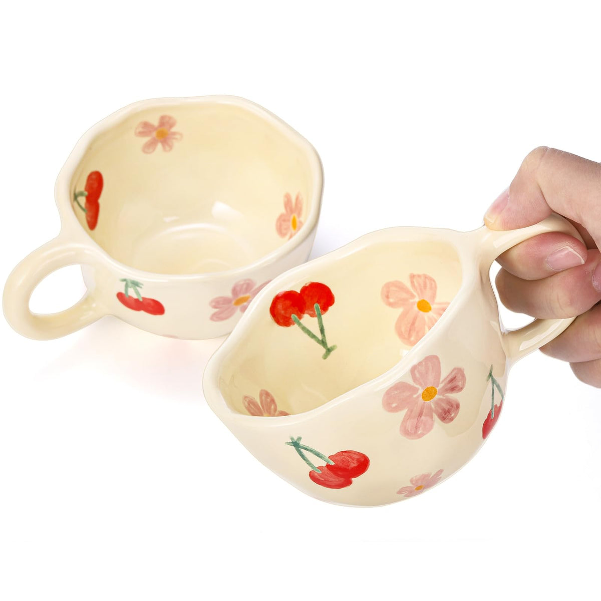Yopay 2 Pack Ceramic Coffee Mug with Spoon, 8oz Handmade Hot Chocolate Mugs, Cute Cup for Girl Microwave Safe, Aesthetic Tea Milk Cup with Handle for Latte, Cocoa, Gift, Mom(Cherry flower)