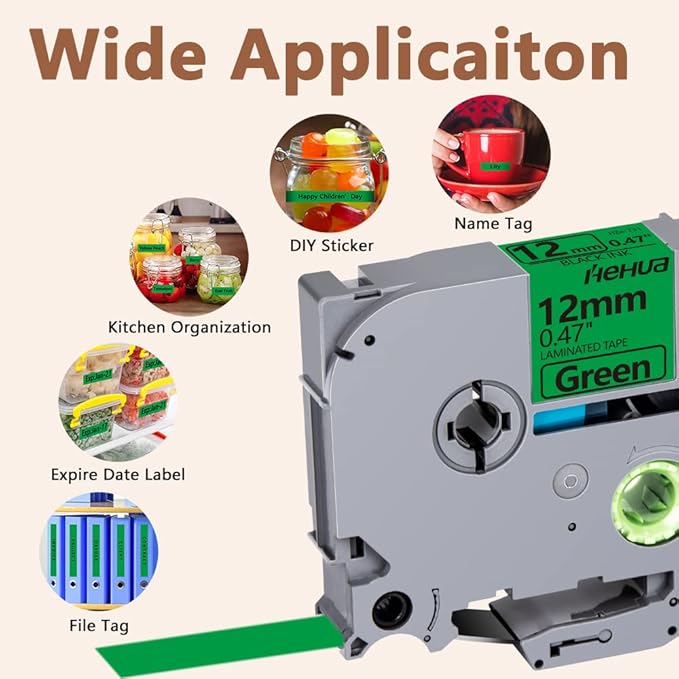 Hehua Tze Tz Tape 12mm 0.47 Laminated Green Compatible for Brother P-Touch TZe-731 TZe731 TZ-731 TZ731 Tape for Ptouch PT D210 D200 D220 D610, 1/2'' x 26.2ft Black on Green, 3 Pack