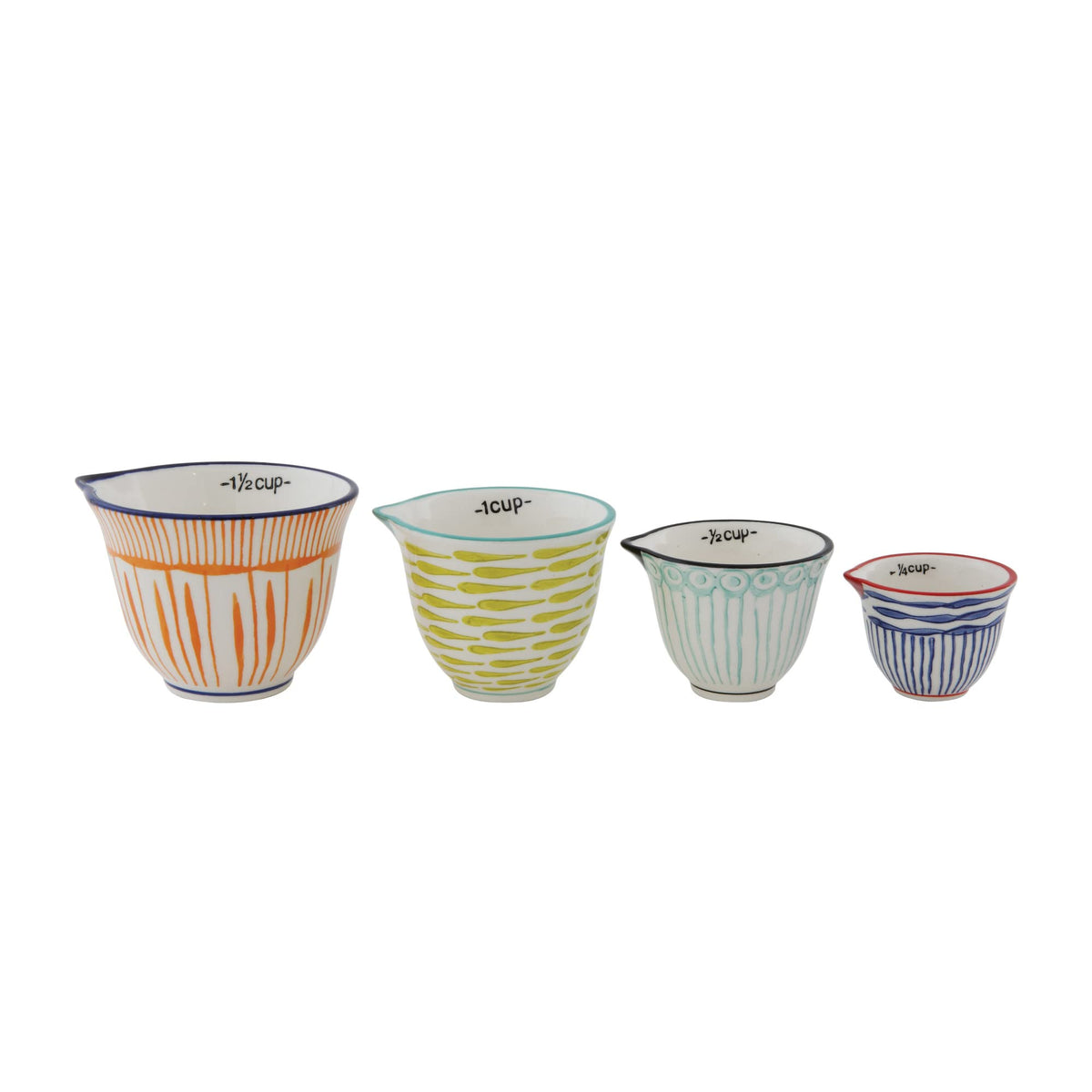 Creative Co-Op Hand Stamped Striped Stoneware Measuring Cups (Set of 4 Sizes/Designs)