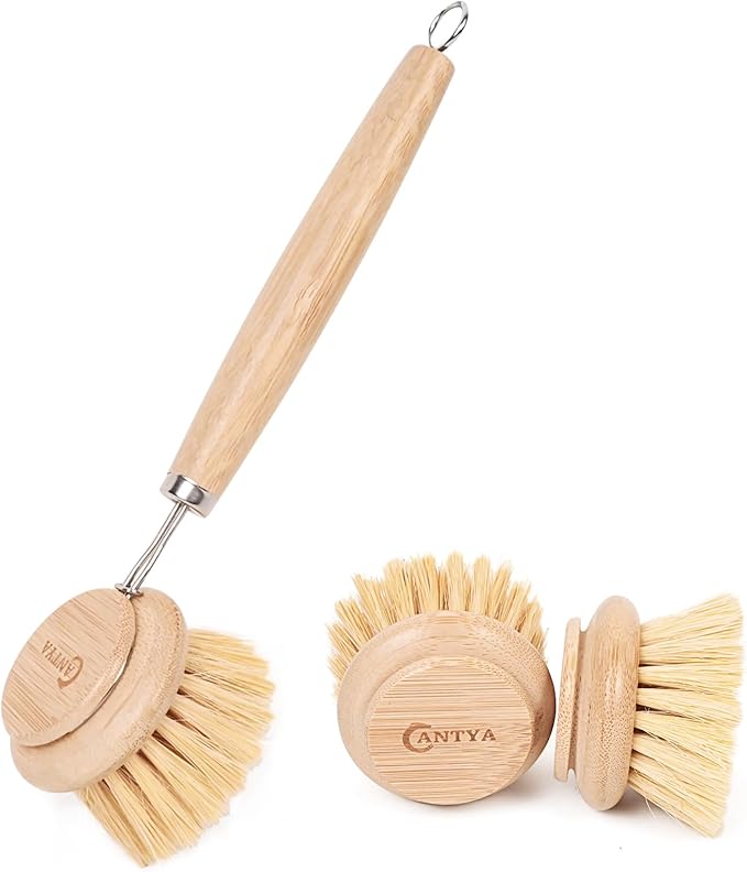 Eco-Friendly Kitchen Brush Set, Bamboo Dish Brush with Handle 3 Replacement Heads, Vegetable Scrubber Natural Sisal Fiber for Effective Cleaning Non-Stick Pans, Pots, Utensils