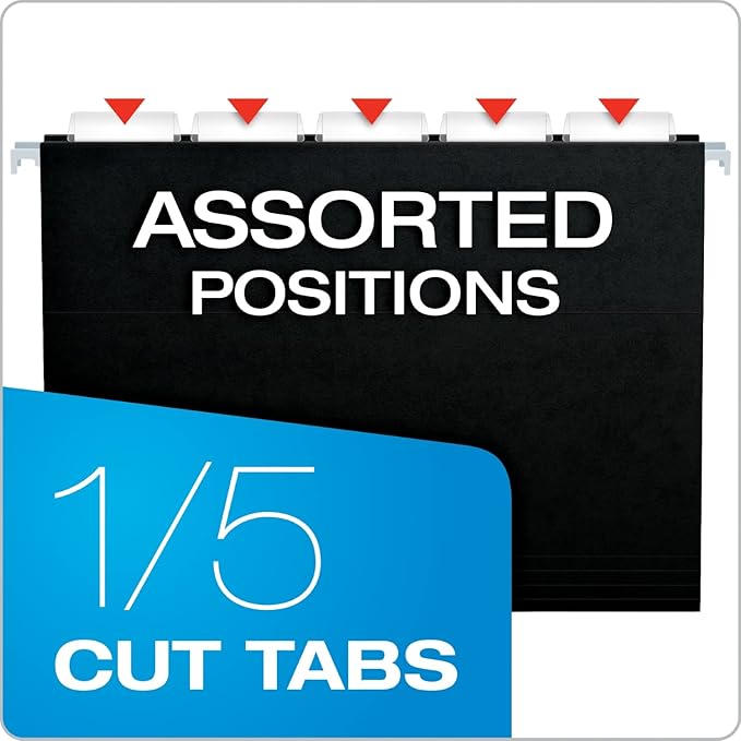 Pendaflex Black Hanging File Folders, 8.5 X 11 Letter Size with 1/5 Cut Adjustable Tabs - 50 Pack