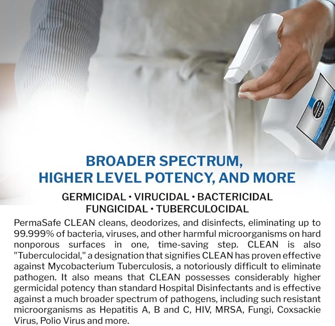 PermaSafe CLEAN, All-Purpose Hospital Disinfectant Cleaner; No Rinse, Hard, Soft & Food Contact Surface Sanitizer; Mold, Mildew and Fungi Killer; Odor Eliminator; Allergen Remover & More (128 Fl Oz)