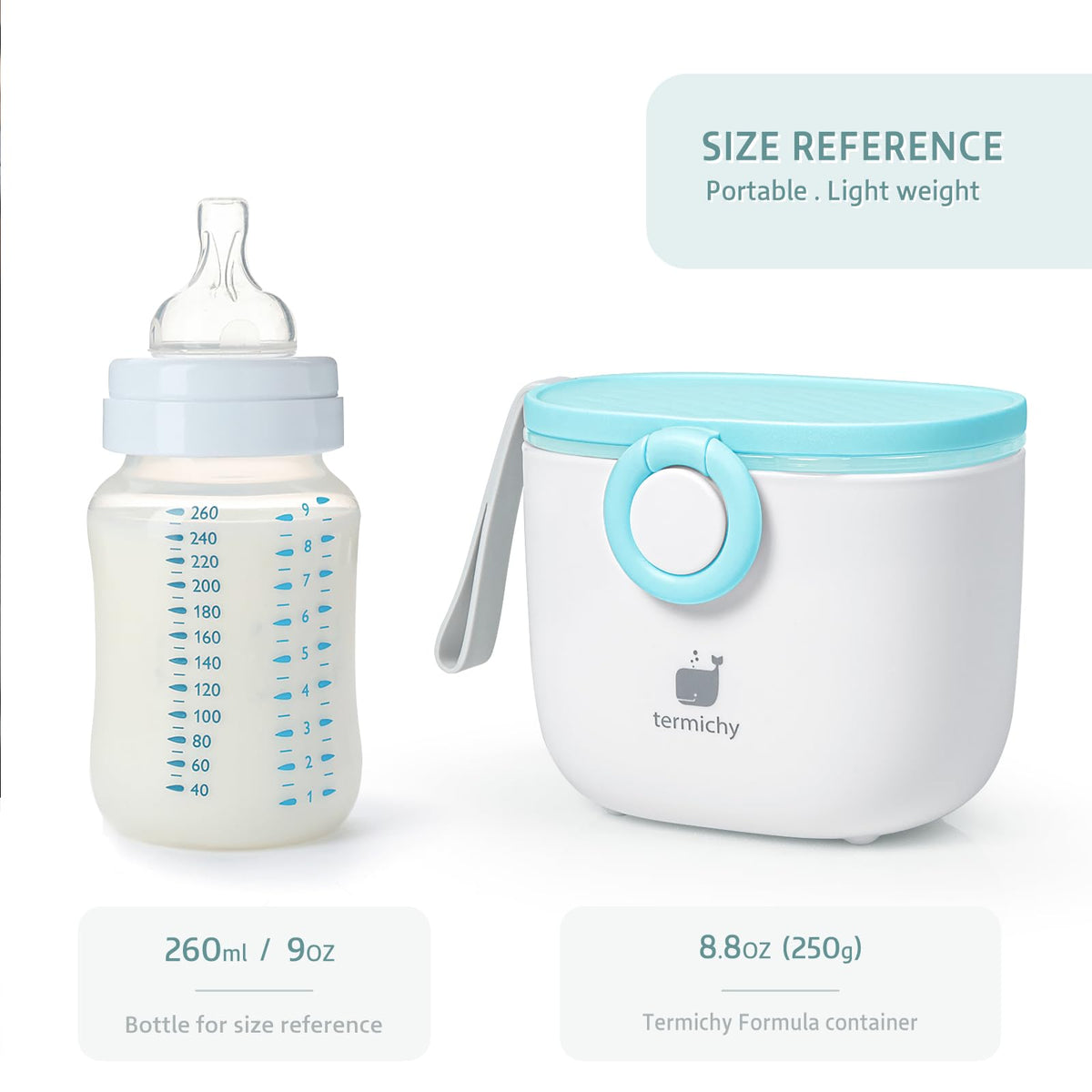 Termichy Baby Formula Dispenser, Portable Milk Powder Dispenser Container with Carry Handle and Scoop for Travel Outdoor Activities with Baby Infant, 8.8OZ, 0.55LB, 250g, 500ml (Baby Blue)