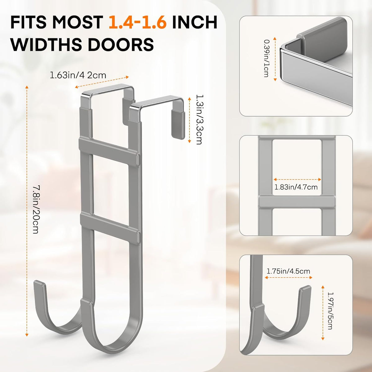 FYY Over The Door Hooks - 2 Pack Heavy Duty Dual-Hook Organizer Hanger with Non-Slip Rubber for Towels, Clothes, Hats & Bags Use in Bathroom, Bedroom, Kitchen - Fits Interior Doors Up to 1.6" Grey