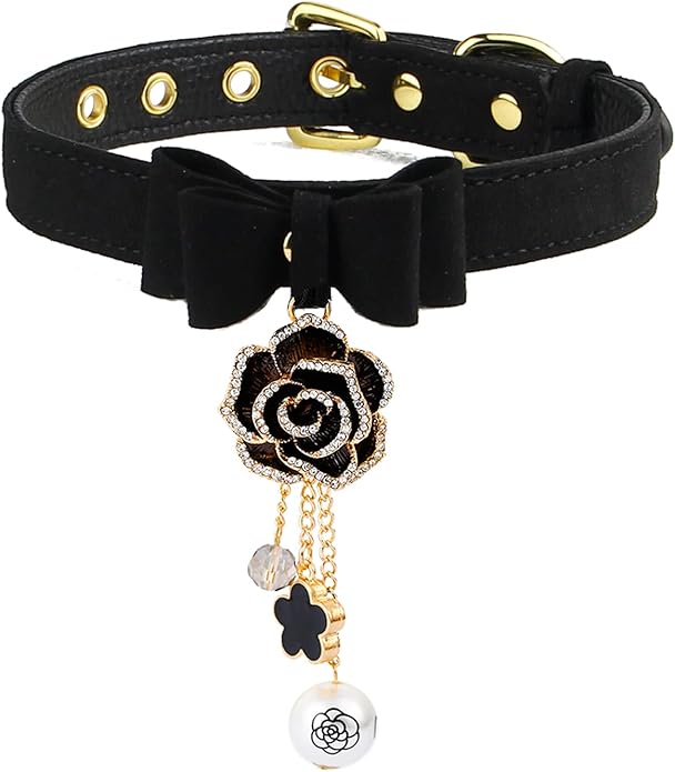 Leather Collar Necklace for Women with Bow Bell Kitty Cat and Delicate Tea flower pearl pendant Choker for Ladies Black Pink Red