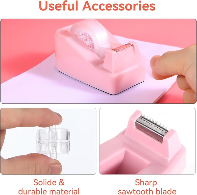 Pink Desk Accessories, Pink Office Supplies Set with Stapler, Tape Dispenser, Staple Remover, Pen Holder, Scissor, Binder/Paper Clips, Ballpoint Pen, Clear Tape and 1000pcs Staples