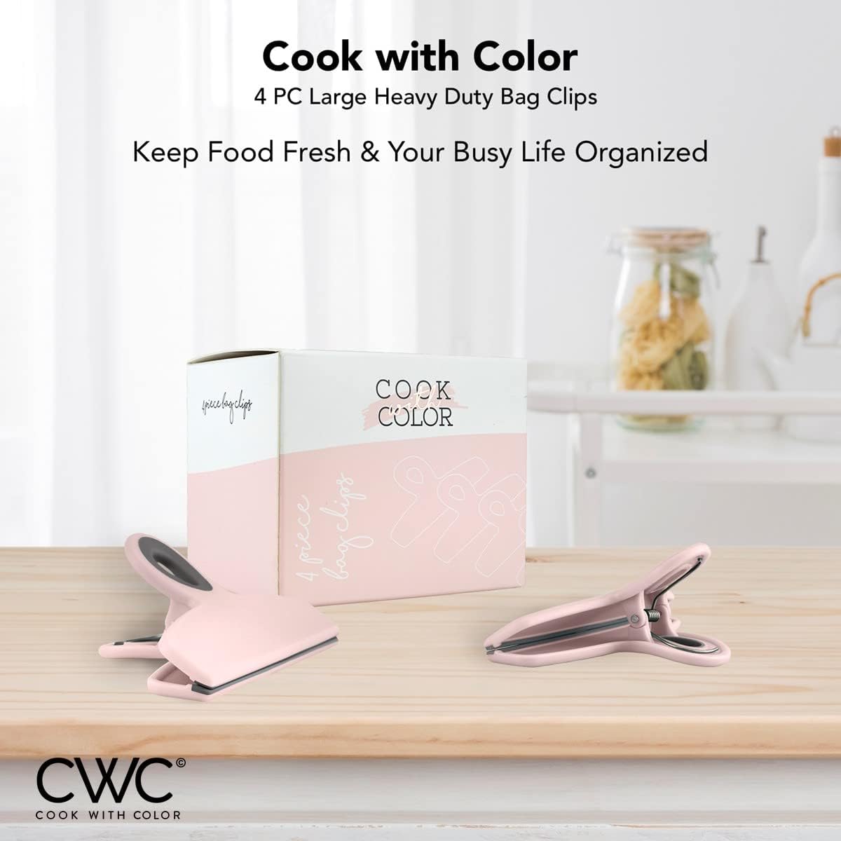 COOK WITH COLOR Bag Clips - Heavy Duty Chip Clip and Refrigerator Magnet Clips for Food Storage with Air Tight Seal Grip, Pink, Pack of 4 Large Clips
