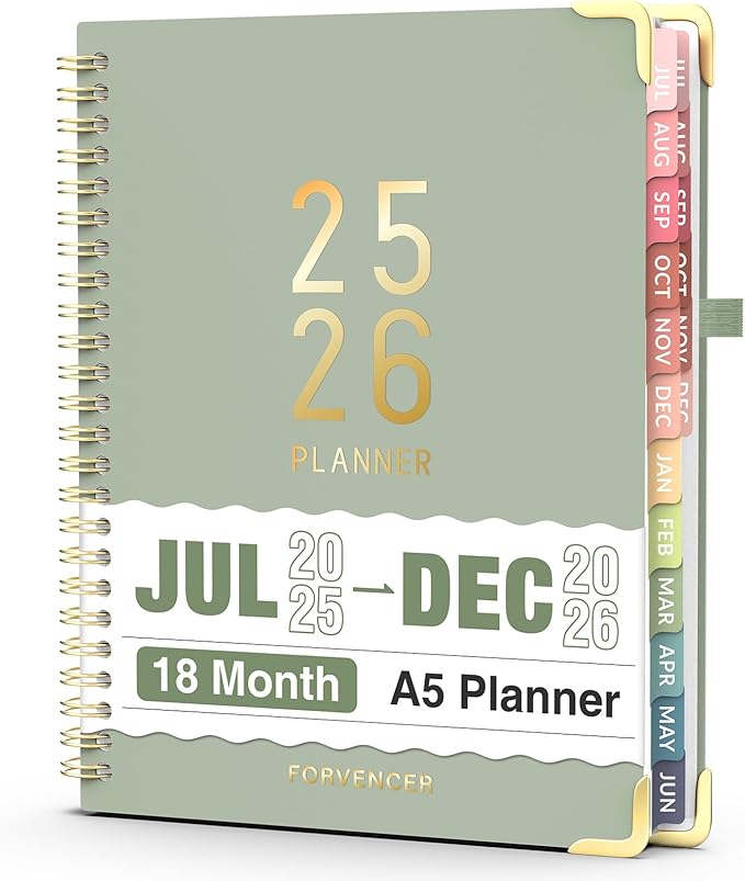 Jul 2025 - Dec 2026 Planner, Forvencer Academic Planner 2025-2026, 18 Month Daily Planner, 6" x 8", Weekly & Monthly Agenda Book, Hardcover Calendar Book, School Supplies for Student Teacher, Green