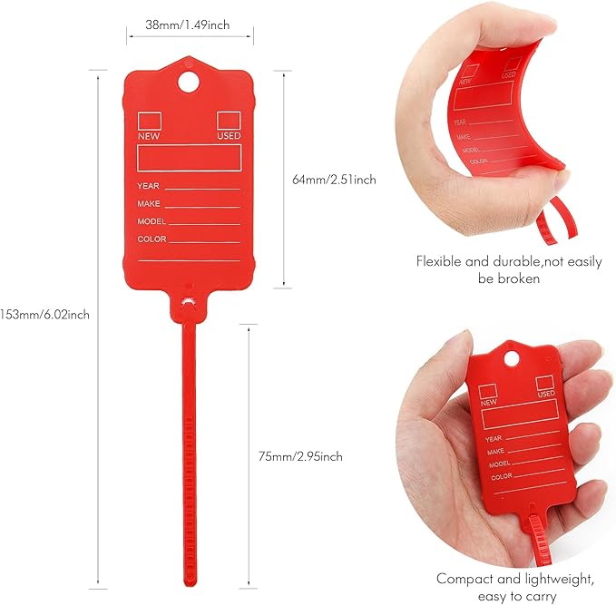 100 Car Key Tags with Labels Plastic Car Dealership Key Tags Self Locking Automotive Identifiers Blank Shop Labels with One Pen (Red)