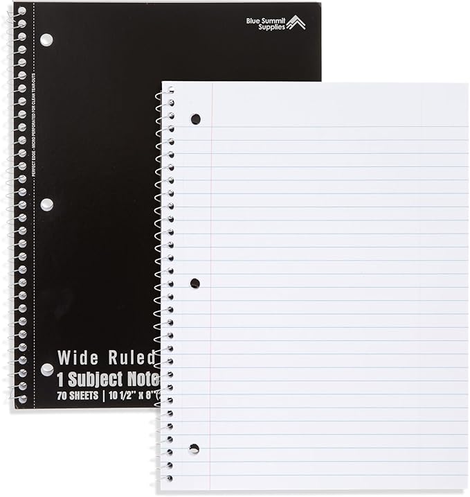 Blue Summit Black Wide Ruled Spiral Notebooks Bulk, 1 Subject Spiral Notebook Wide Ruled, Paper School Bulk Notebooks, 48 Pack