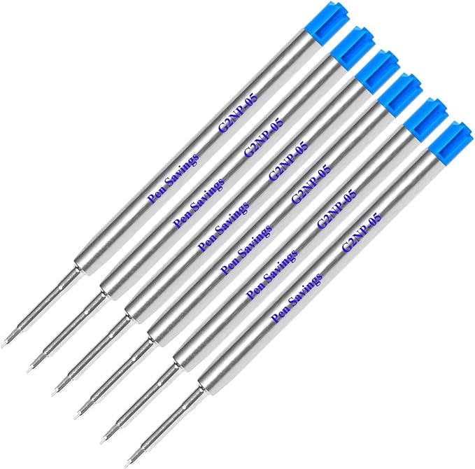6 Pack, Pen Savings Gel Pen Refills Compatible with Parker Ballpoint Pens, .5mm Extra Fine Needle Point, Smooth Writing, Frictionless Flow (Bulk Packed) (Blue)