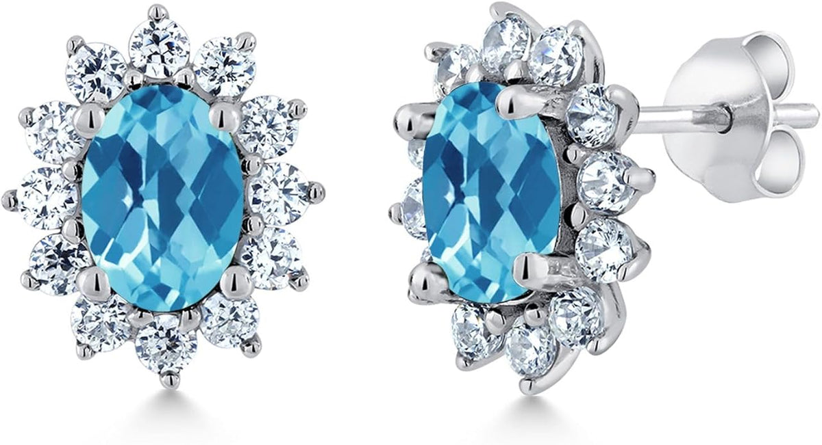 Gem Stone King 7X5MM Oval Gemstone Birthstone Stud Earrings For Women | Princess Diana Royal Halo Style | 925 Sterling Silver | Fine Jewelry Gifts for Anniversary Wedding Her Mom Women Wife